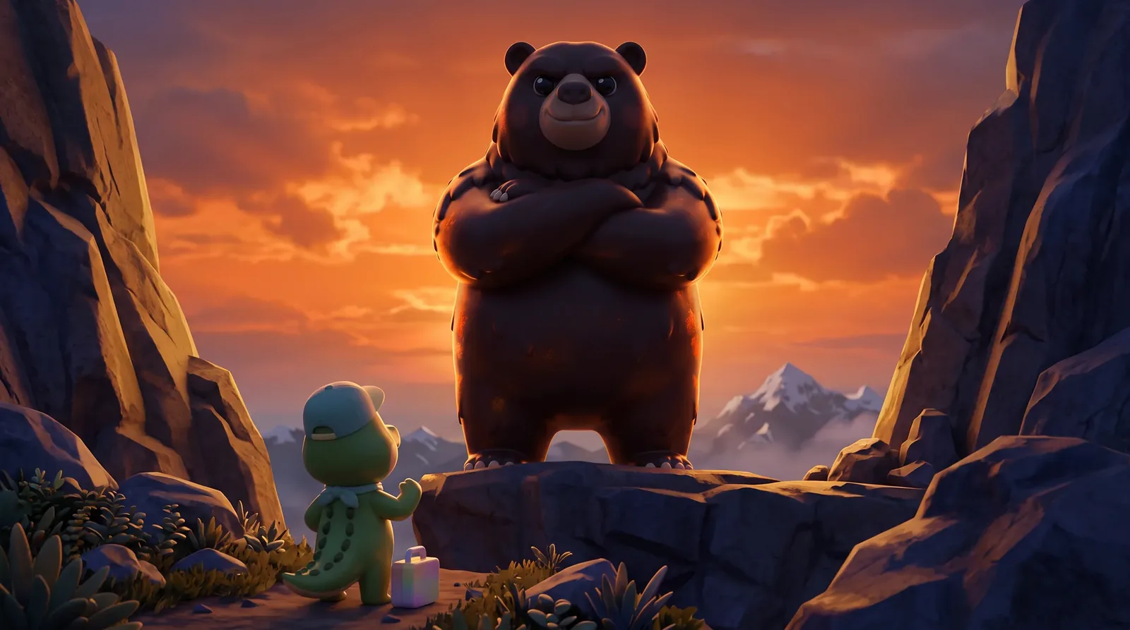 The Boss, un grizzly géant, attend au sommet d'une montagne au coucher du soleil pendant qu'Ollie lève les yeux