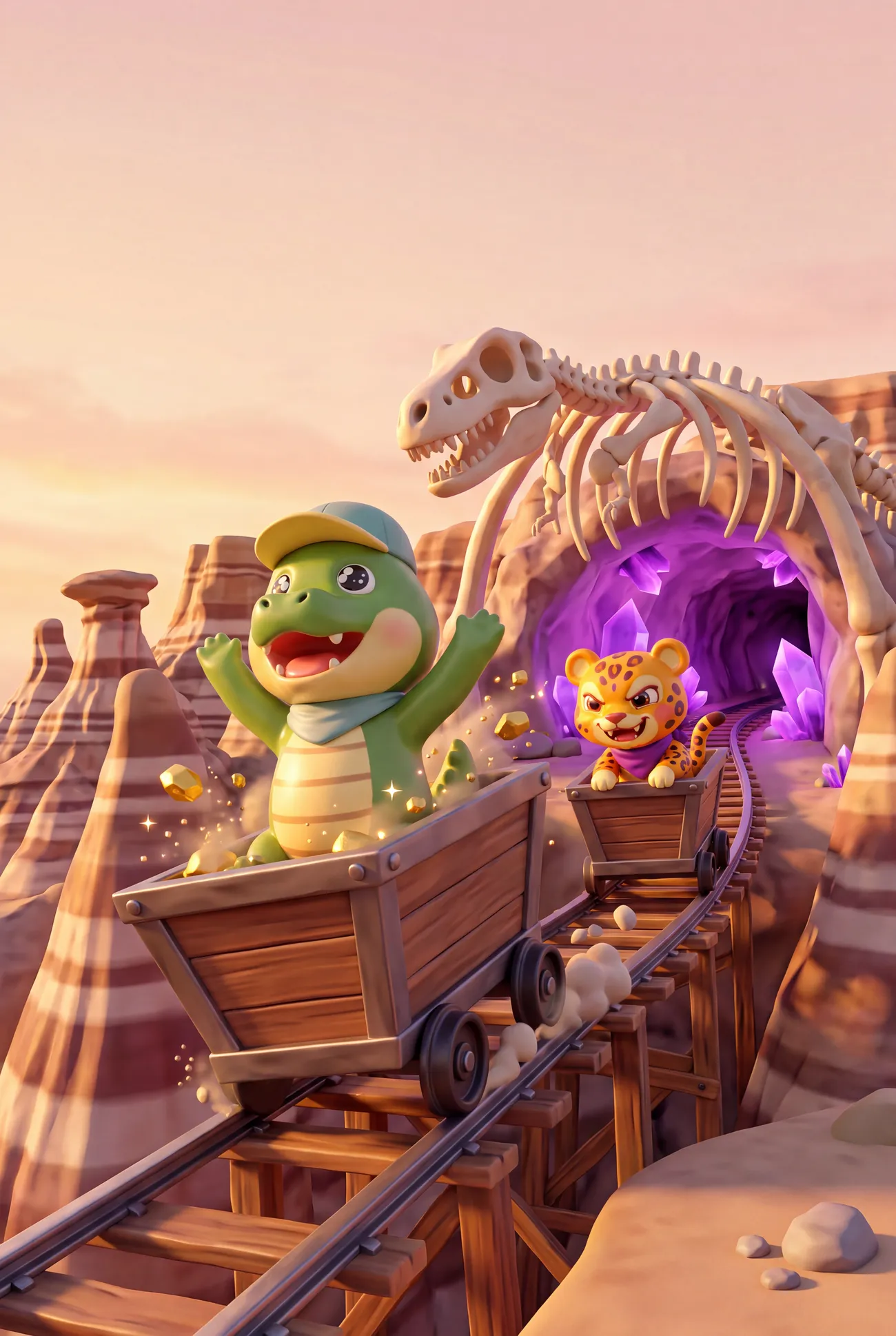 Ollie se réjouit dans son wagonnet pendant que Leo le poursuit hors d'une mine de cristal, sous un squelette de dinosaure