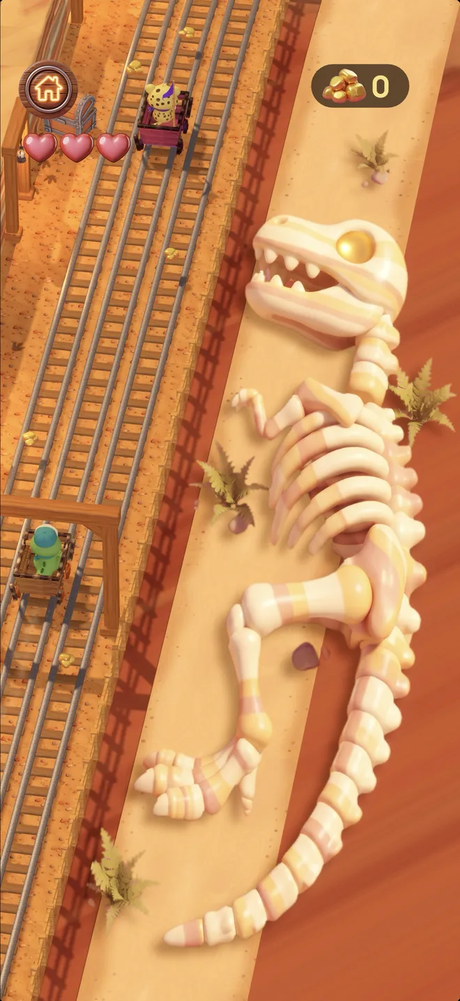 Ollie fait la course contre Leo sur les rails, près d'un squelette de dinosaure géant dans le canyon rouge