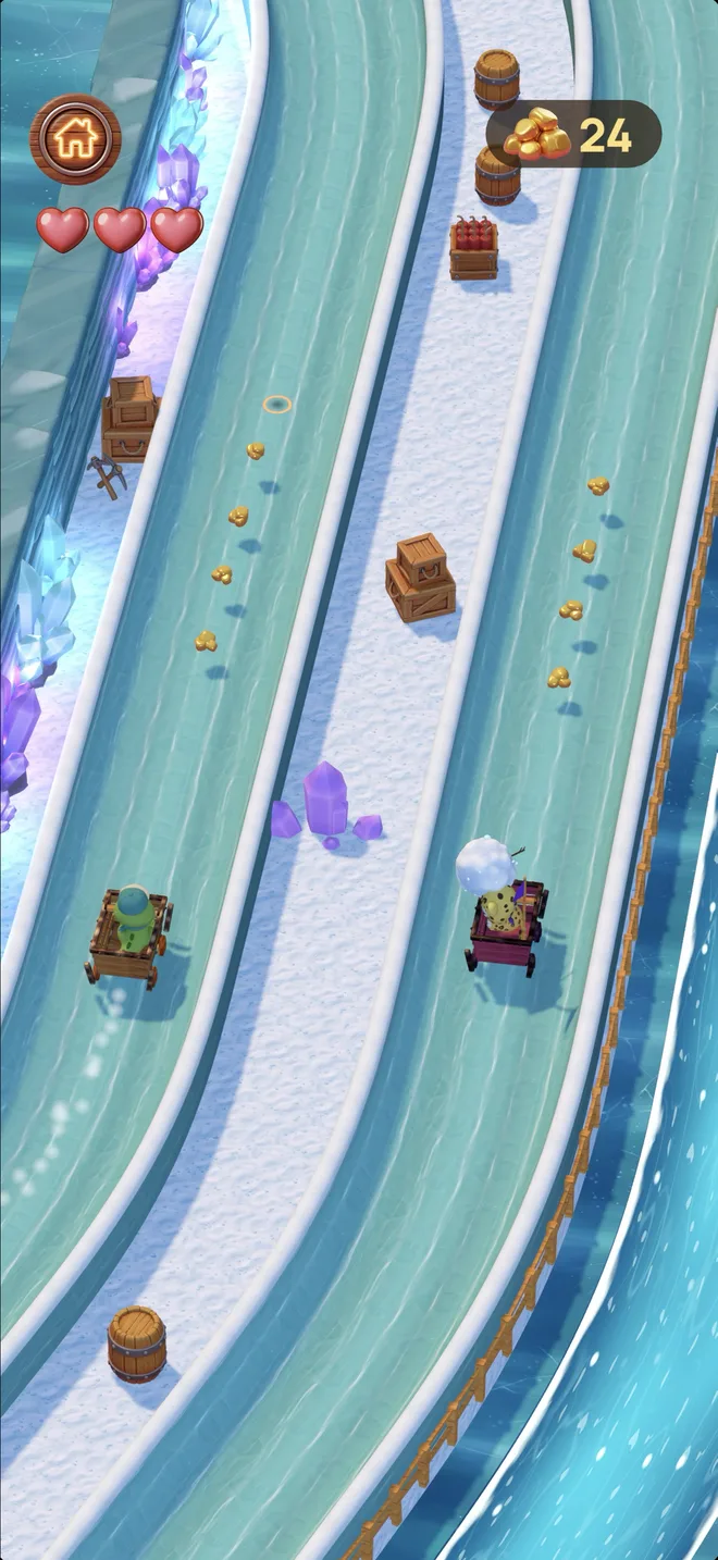 Ollie et Leo filent sur des rails glacés, entre cristaux violets, barils et pépites d'or