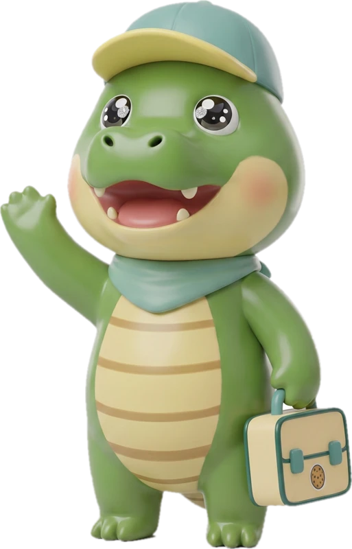 Ollie l'alligator, qui salue en tenant sa boîte à lunch