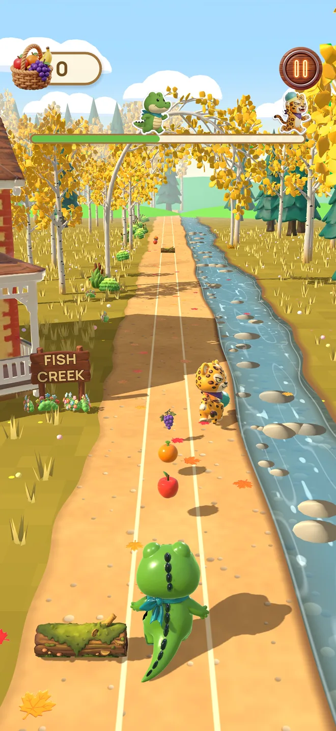 Ollie court le long du ruisseau, devant le panneau de Fish Creek, en attrapant des fruits