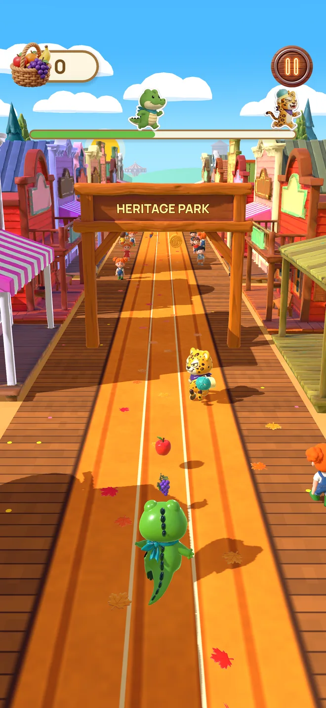 Ollie court sous l'arche de Heritage Park, dans une rue principale en bois