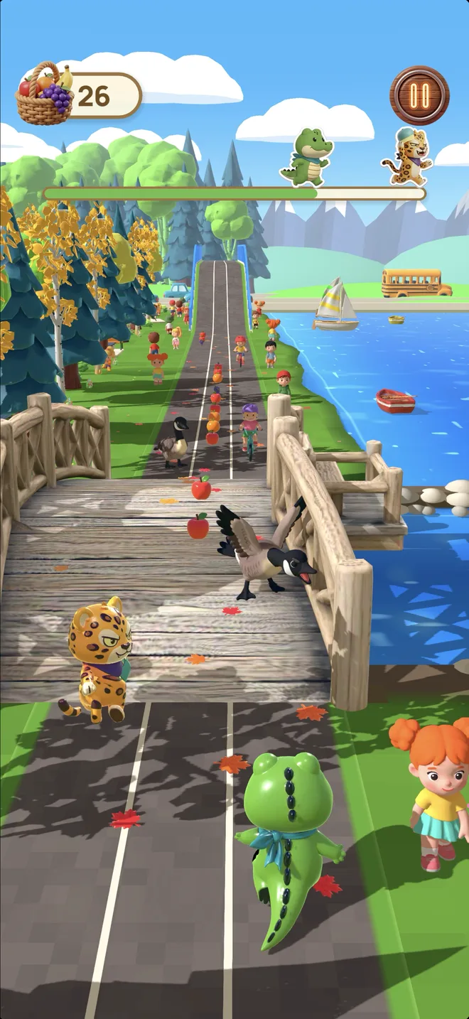 Ollie et Leo foncent sur un pont de bois près du lac pendant qu'une bernache du Canada bat des ailes