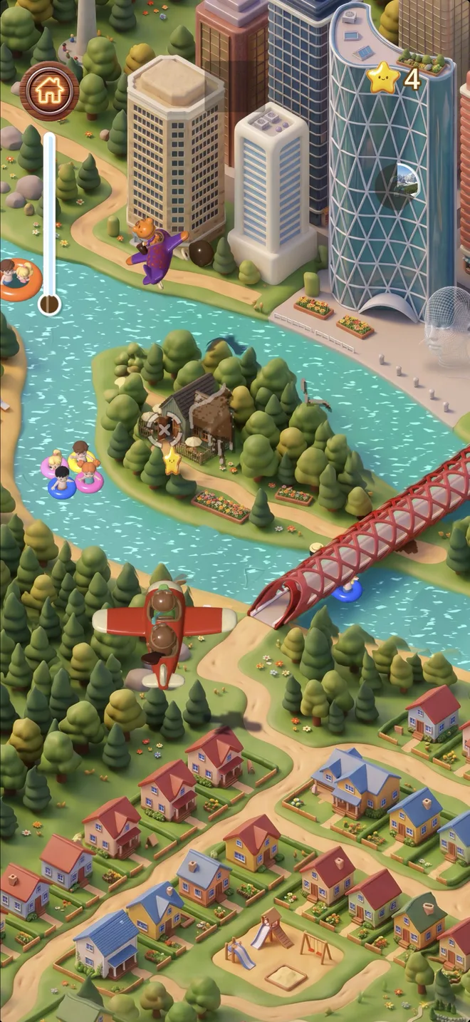 Ollie pilote son avion rouge au-dessus de la rivière, d'un pont rouge et des tours de la ville, pendant que Leo lâche de la boue depuis son avion violet