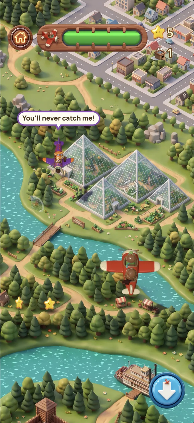 Leo crie « Tu ne m'attraperas jamais! » depuis son avion violet, au-dessus des serres en pyramides de verre, poursuivi par Ollie