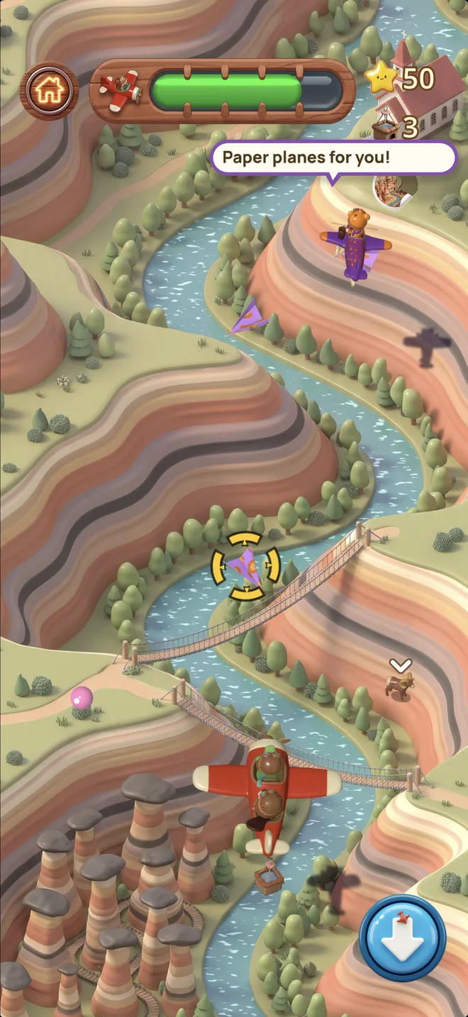 Leo lance des avions de papier depuis son avion violet, au-dessus du canyon rayé des badlands et des cheminées de fée, poursuivi par Ollie